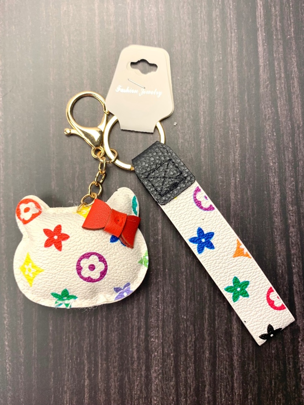 Hello Kitty White Red Bow Floral Geometric Puffy Keychain Bag Charm Wristlet